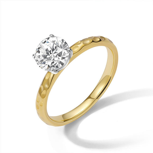 GJ Engagement Round Solitaire Diamond Ring Hammered Band Yellow Gold