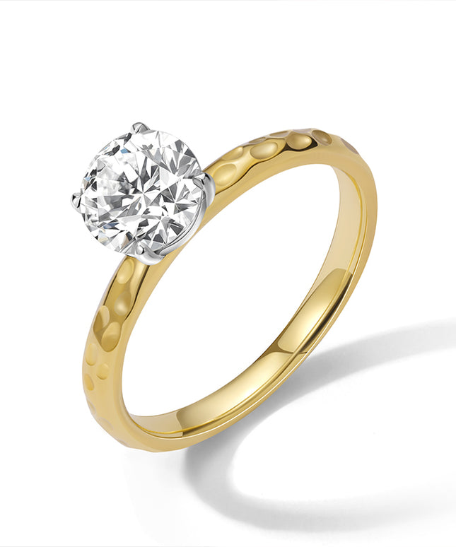 GJ Engagement Round Solitaire Diamond Ring Hammered Band Yellow Gold