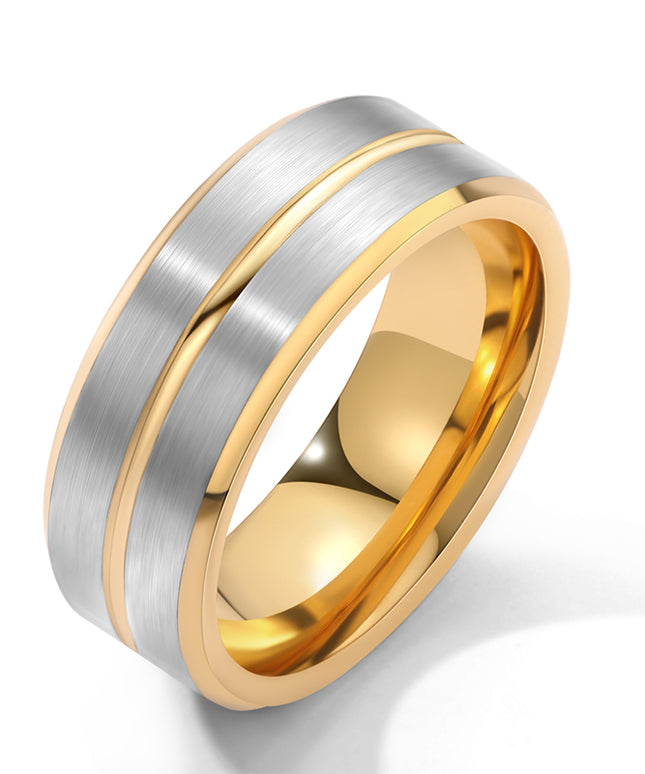 Tungsten Ring with Gold and Silver Brushed Stripes