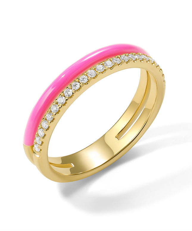 GJ Palette Pink Enamel Ring Lab-Grown Diamond Band