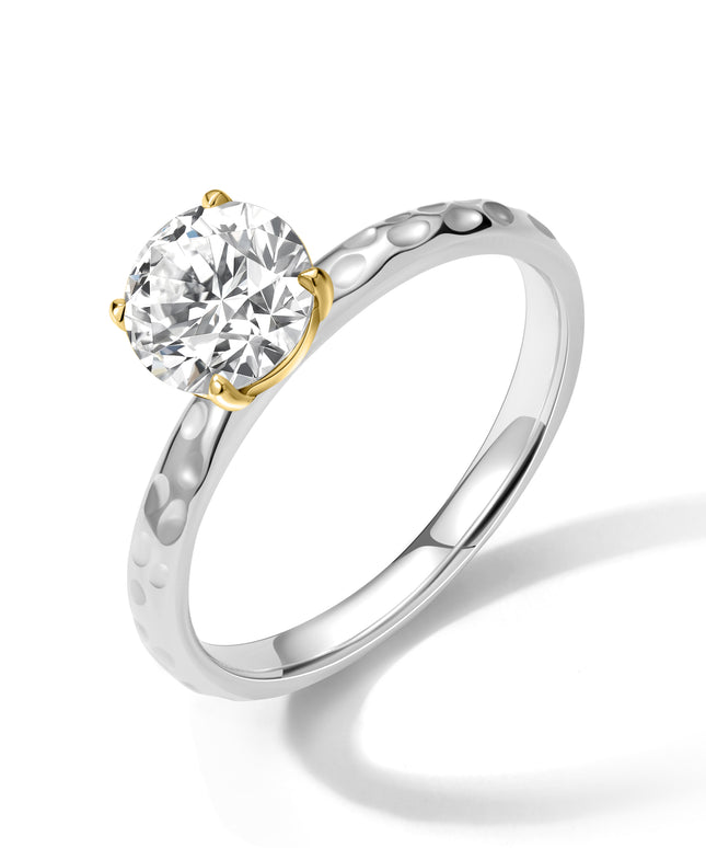 GJ Engagement Round Solitaire Diamond Ring Hammered Band White Gold