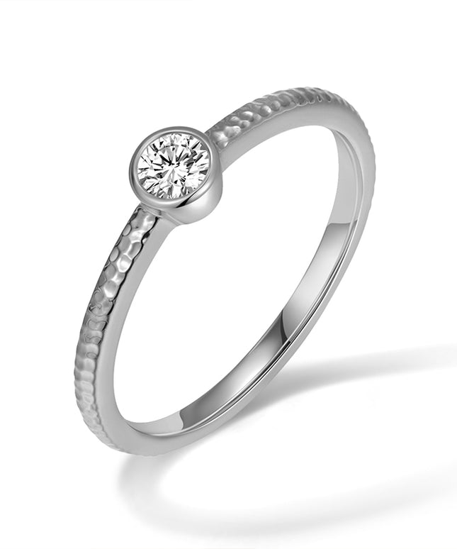 GJ Classic Hammered Band Ring with Bezel-Set Lab Diamond in 14k white gold