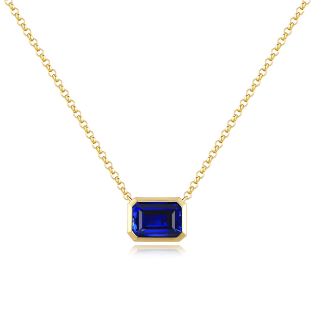 Emerald-cut Lab-created blue sapphire Bezel Necklace