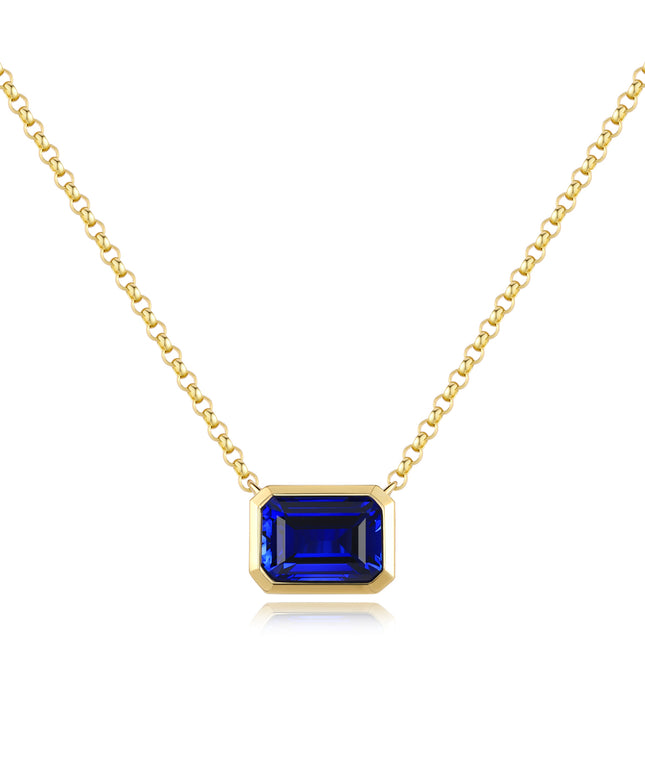 Emerald-cut Lab-created blue sapphire Bezel Necklace