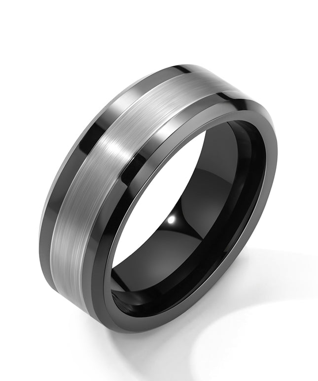 Signature Ring Silver Black Strip Tungsten Wedding Band